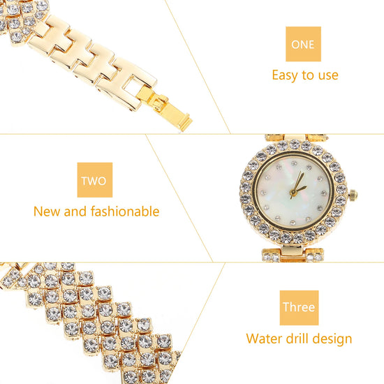 Women Diamond Watch Rhinestone Golden Elegant Shiny Design Practical Fashionable Most Occasions Nice Clothes Decor