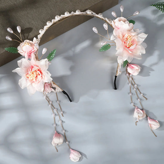 Flower Pearl Headbands Wedding Hair Accessories For Women Pink/blue Color Floral Fringe Hair Hoop Bride Chinese Head Jewelry