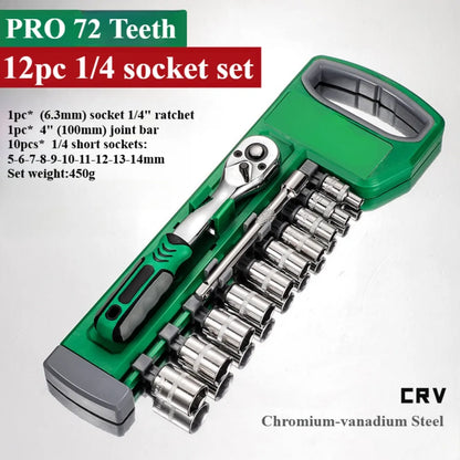 1/4 inch Drive Deep Socket Set 6-Point Hex Short Socket Set Ratchet Wrench 72 Tooth Drive Ratchet Socket Wrench Tool