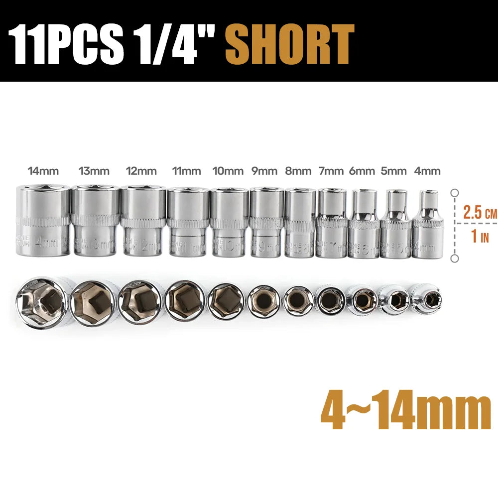 1/4 inch Drive Deep Socket Set 6-Point Hex Short Socket Set Ratchet Wrench 72 Tooth Drive Ratchet Socket Wrench Tool