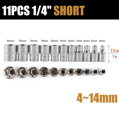 1/4 inch Drive Deep Socket Set 6-Point Hex Short Socket Set Ratchet Wrench 72 Tooth Drive Ratchet Socket Wrench Tool