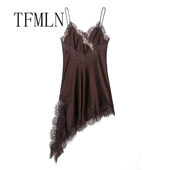 TFMLN Women Sexy Lace Splicing Dresses Summer Solid Sleeveless Asymmetry Dress Backless Slim Women&