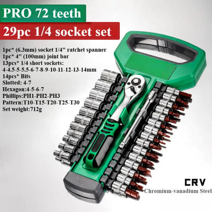 1/4 inch Drive Deep Socket Set 6-Point Hex Short Socket Set Ratchet Wrench 72 Tooth Drive Ratchet Socket Wrench Tool