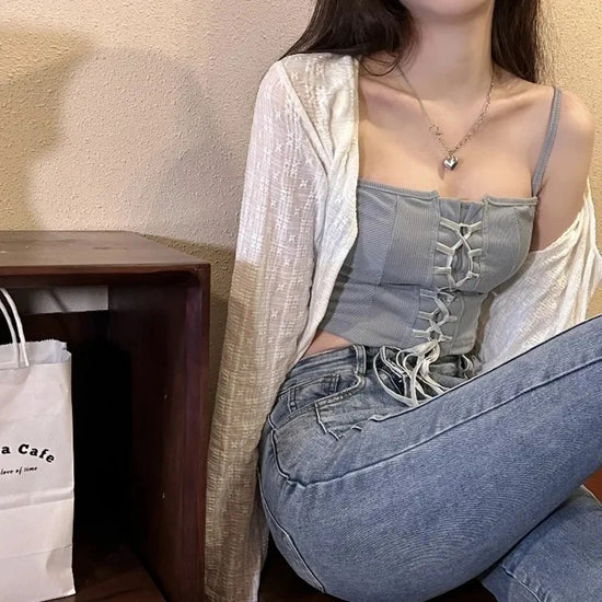 2024 White Tie Up Summer Cardigan Women Sexy Long Sleeve Sheer Mesh Crop Tops Woman Chic All Match Short Printed T Shirt Mujer