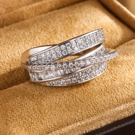 UILZ High Quality Copper Inlaid Zircon Multi-layer Star Opening Ring Women&