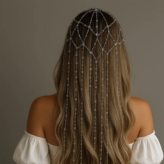 Bridal Hollow Rhinestone Mesh Long Tassel Headpiece Head Cap Wedding for Women Luxury Crystal Hair Chain Headband Accessory