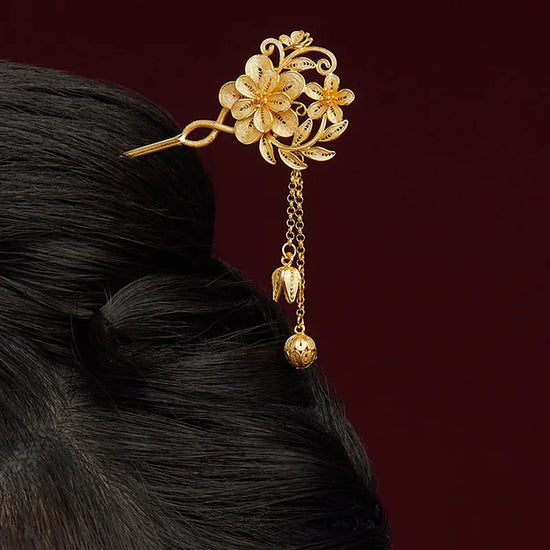Chinese Style Foot Silver Gold-plated Hairpin with Pure Handmade Silk Thread, Classical Women&