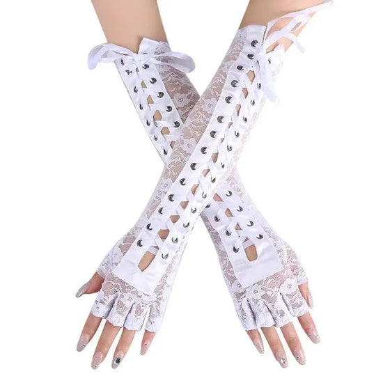 Women Sexy Floral Lace Elbow Length Half-Finger Gloves Black String Ribbon Ties Up Dance Party Fingerless Fishnet Mesh Mittens