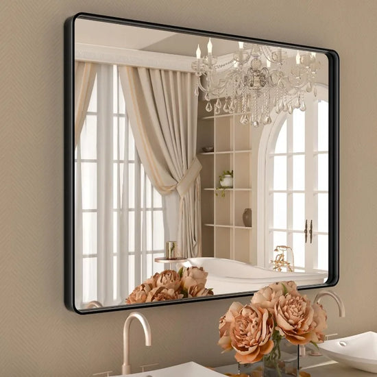 Black Mirror for Bathroom 40x32 Inch,Black Metal Frame Vanity Mirror for Wall,Rounded Corner Rectangle Matte Black Mirror,Temper