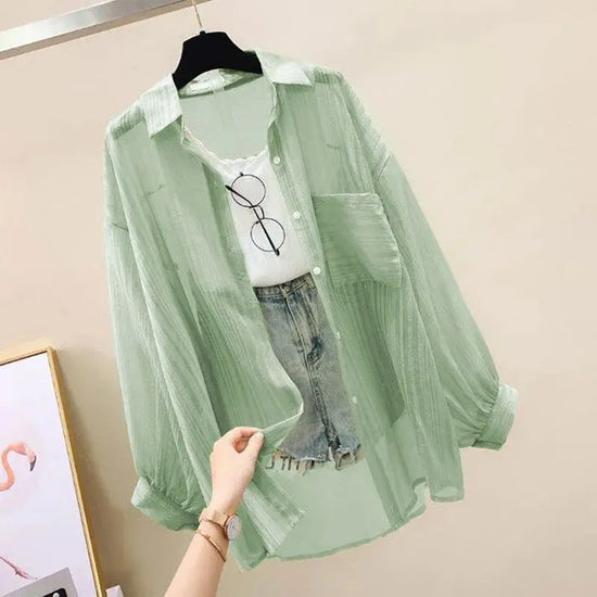 Summer Sunscreen Shirt Elegant Perspective Thin Chiffon Blouse Korean Harajuku See Through Loose Top Casual Women&