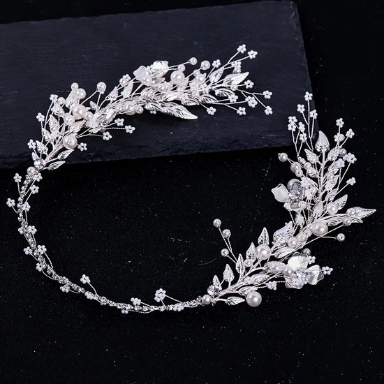 Silver Color Leaf Pearl Headband Tiara For Bridal Hair Accessories Wedding Hair Band Crystal Pearl Tiaras and Brides Headpieces