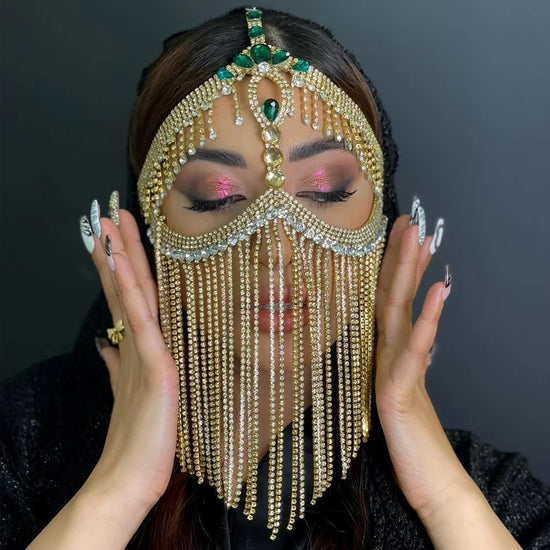 Belly Dance Long Tassel Mask Veil Masquerade Cosplay Accessories Elegant Headband Green Rhinestone Face Chain Mask Prom Jewelry