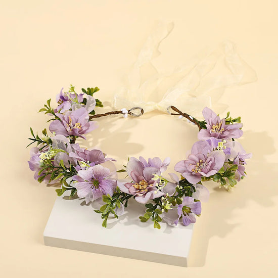Light Purple Floral Headbands Boho Style Summer Beach Headdress Bride Wedding Flower Crown Ribbon Headwear Women Beach Hairbands