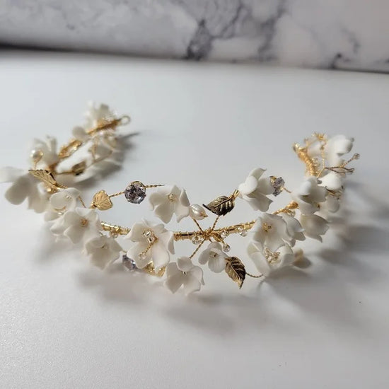 SLBRIDAL Handmade Luxury Copper Rhinestone Crystal Pearls Ceram Flower Bridal Tiara Wedding Bridesmaids Crown Women Hair Jewelry