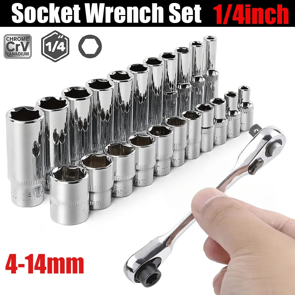 1/4 inch Drive Deep Socket Set 6-Point Hex Short Socket Set Ratchet Wrench 72 Tooth Drive Ratchet Socket Wrench Tool