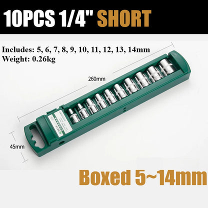 1/4 inch Drive Deep Socket Set 6-Point Hex Short Socket Set Ratchet Wrench 72 Tooth Drive Ratchet Socket Wrench Tool