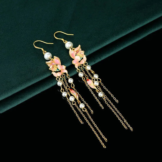 Chinese Style National Fashion Enamel Ancient Gold-Plated Lotus Pearl Long Fringe Earrings Retro Han Chinese Clothing Earrings