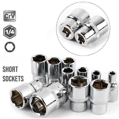 1/4 inch Drive Deep Socket Set 6-Point Hex Short Socket Set Ratchet Wrench 72 Tooth Drive Ratchet Socket Wrench Tool