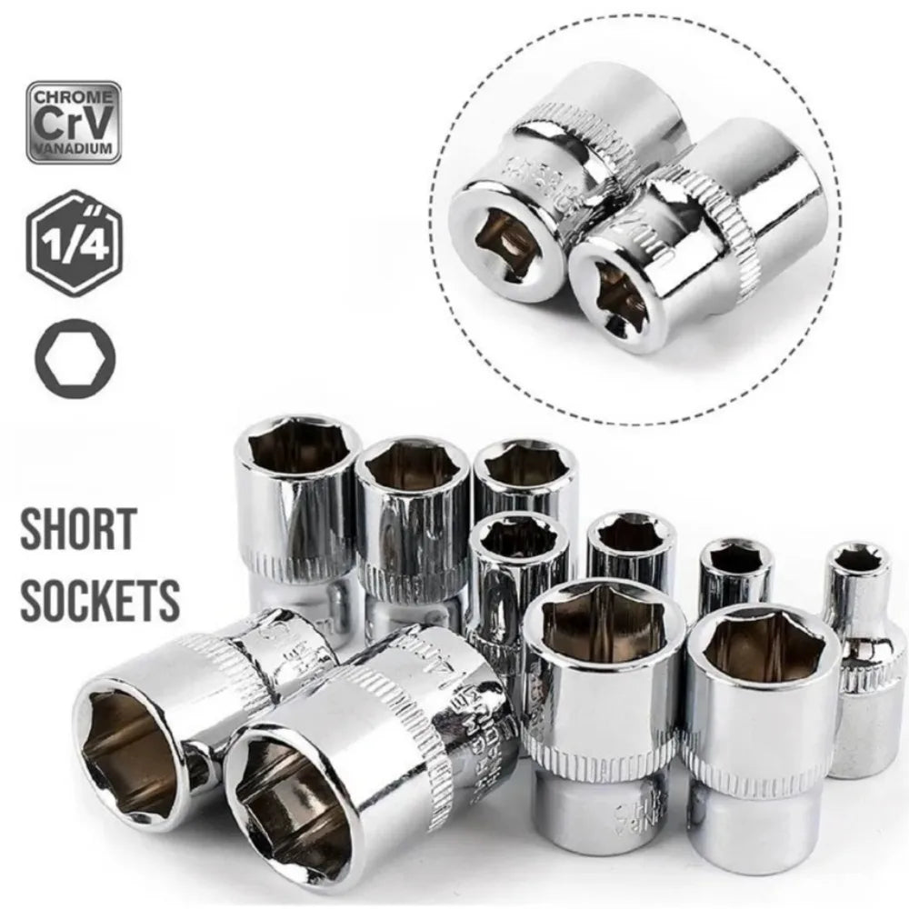 1/4 inch Drive Deep Socket Set 6-Point Hex Short Socket Set Ratchet Wrench 72 Tooth Drive Ratchet Socket Wrench Tool