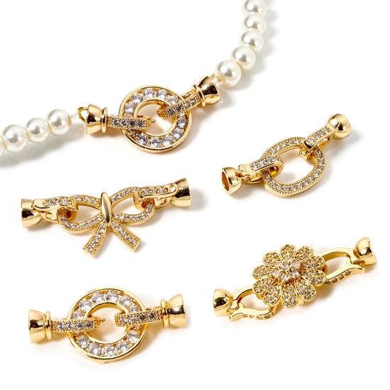 1pc Brass Fold Over Clasps Gold Color Round Flower Bowknot Clear Cubic Zirconia Charms DIY Necklace Bracelet Jewelry Findings