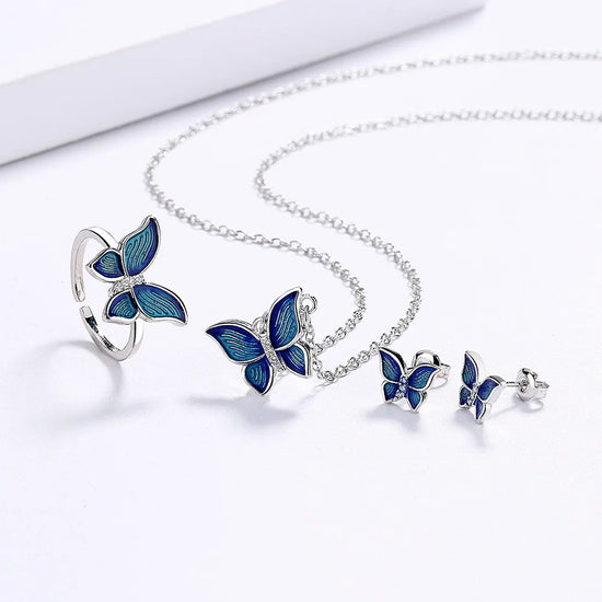 925 Sterling Silver Creative Micro-Enamel Blue Butterfly Wings Necklace Three-piece Jewelry Women&