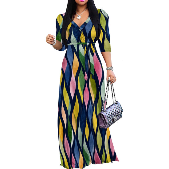Plus Size Maxi Dresses for Women Casual Flowy Long Dress 3/4 Sleeve V Neck Wrap Dress with Belt