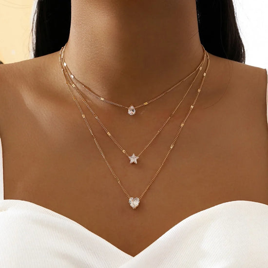 Multi-layer Five-pointed Star Heart Shape Water Drop Pendant Chain Necklace Alloy Material Glass Collarbone Chain Sexy Women&