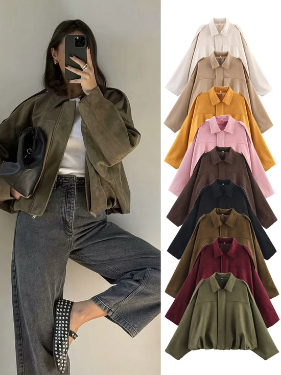 TFMLN Women Suede Bomber Jacket Spring New Fashion Long Sleeve Zipper Oversize Solid Bomber Coat Chic Lady 2025 Streetwear