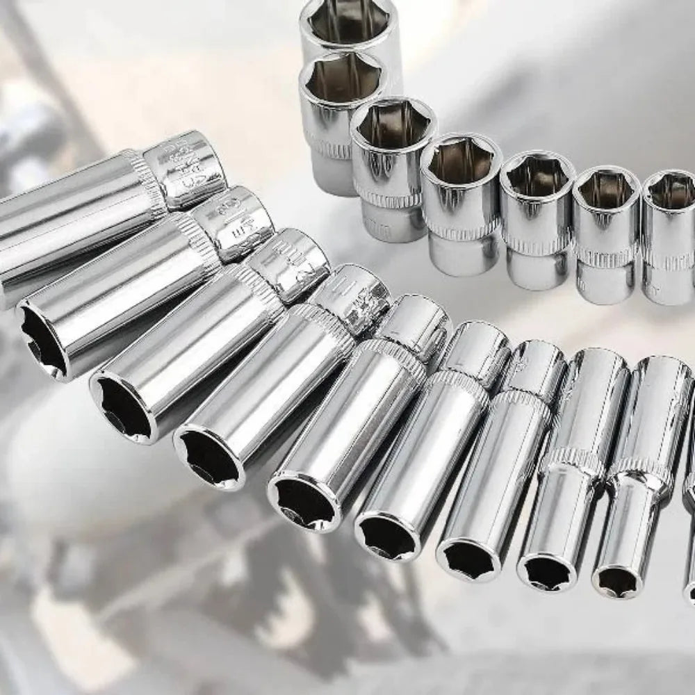 1/4 inch Drive Deep Socket Set 6-Point Hex Short Socket Set Ratchet Wrench 72 Tooth Drive Ratchet Socket Wrench Tool