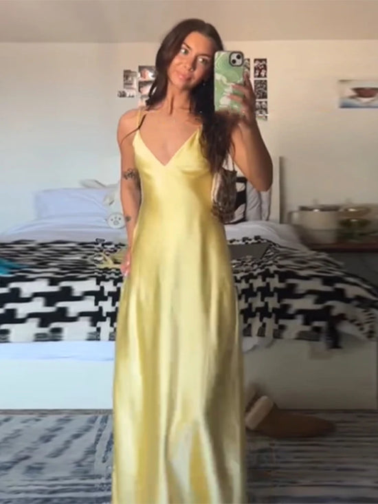 Sexy Yellow Satin Blend Sling Dress Women Elegant Sling Collar Backless Long Dresses 2025 Women New Lady Beach Vacation Robes
