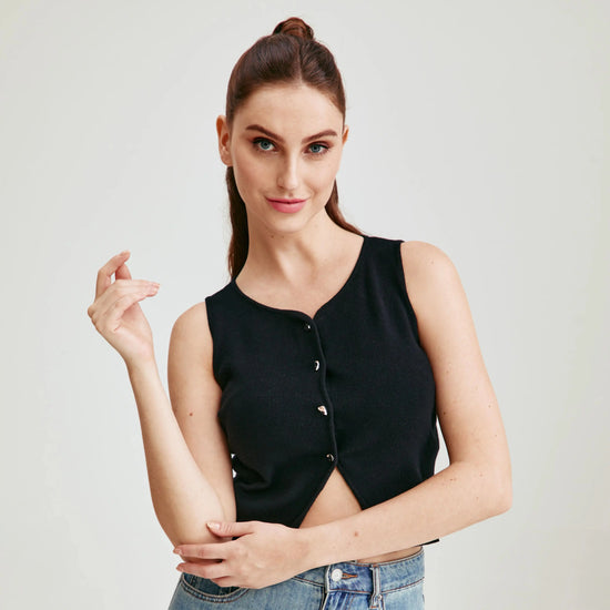 2025 Summer Y2K Metal Button Vest - Extra-Stretch Knit Sleeveless Top for Campus/Street Snap/Cosplay