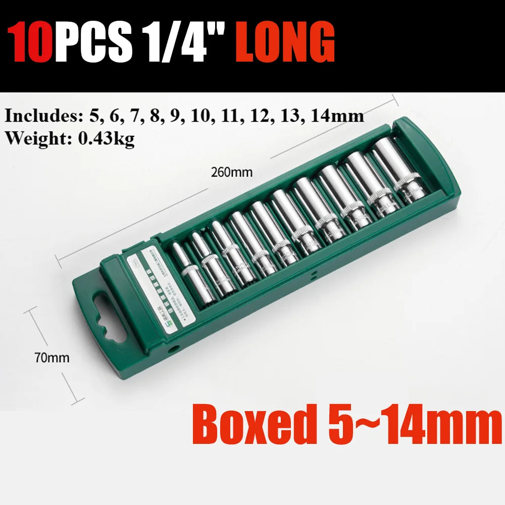 1/4 inch Drive Deep Socket Set 6-Point Hex Short Socket Set Ratchet Wrench 72 Tooth Drive Ratchet Socket Wrench Tool