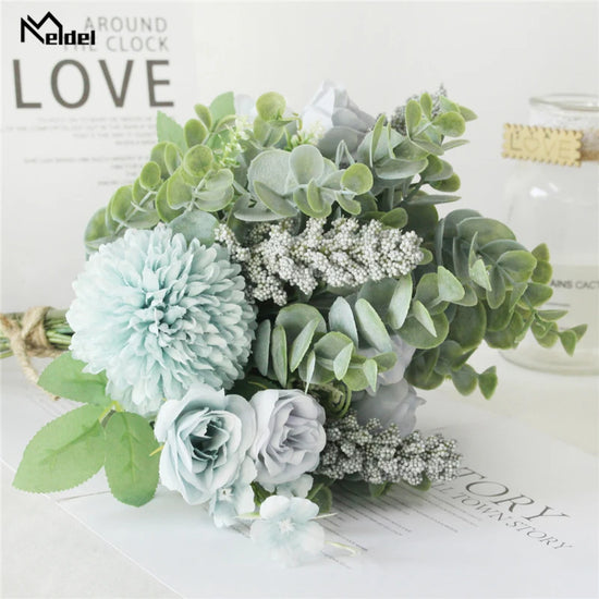 Meldel Wedding Flower Bouquet Artificial Silk Rose Lucky Ball Flower Home Wedding Decor Bride Bouquet Forest Style Eucalyptus