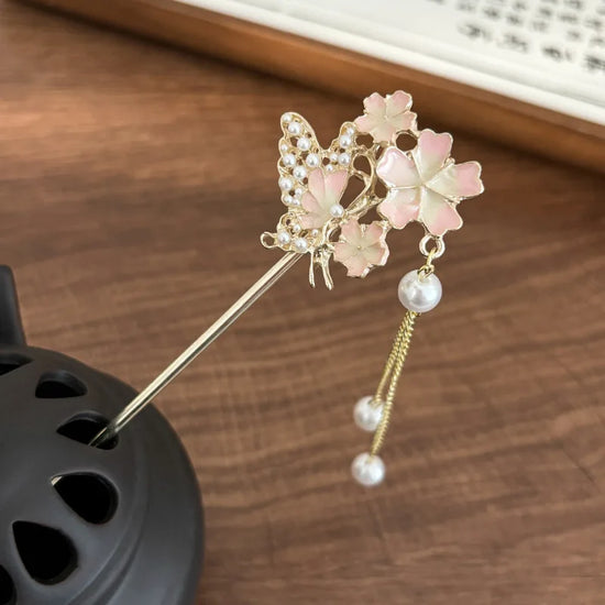 Classic Hair Stick Peach-blossomhair Chopsticks Gold Plated Prong Updo Chignon Hairpin For Women Chinese Hanfu Hair Accessories