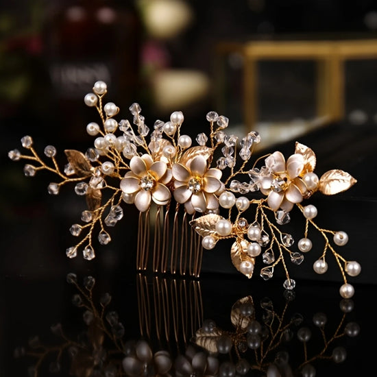 Luxury Crystal Pearl Flower Hair Comb Headband Tiara For Women Bride Party Bridal Wedding Hair Accessories Jewelry Comb Headband