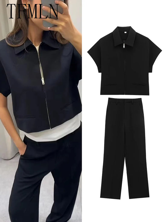 TFMLN Fashion Set For Women Summer 2025 New Slim Lapel Zipper Short Sleeve Coat Top Wide Leg Pants Two Piece Set Leisure Black