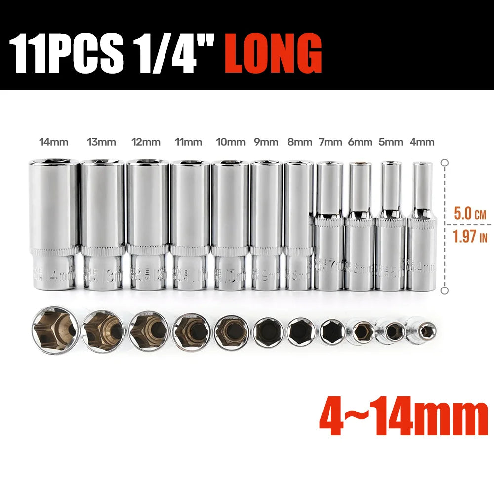 1/4 inch Drive Deep Socket Set 6-Point Hex Short Socket Set Ratchet Wrench 72 Tooth Drive Ratchet Socket Wrench Tool