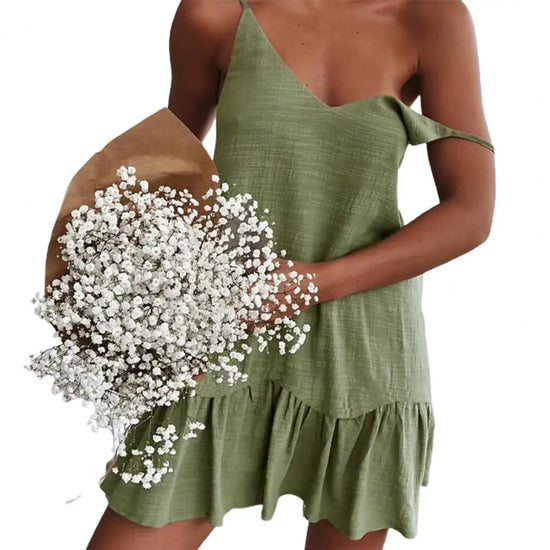 V Neck Summer Dress for Dating Women Dress Solid Color Flounce Edge Spaghetti Strap Women Party Dresses