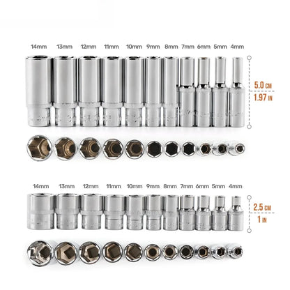 1/4 inch Drive Deep Socket Set 6-Point Hex Short Socket Set Ratchet Wrench 72 Tooth Drive Ratchet Socket Wrench Tool