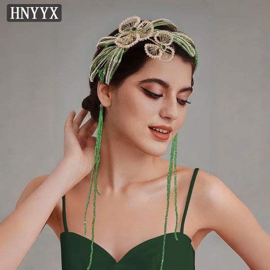 HNYYX Crystal Beaded Headbands for Women Green Crystal Tassel Hair Hoop Boho Style Headwear Wedding Party Hair Accessories A403